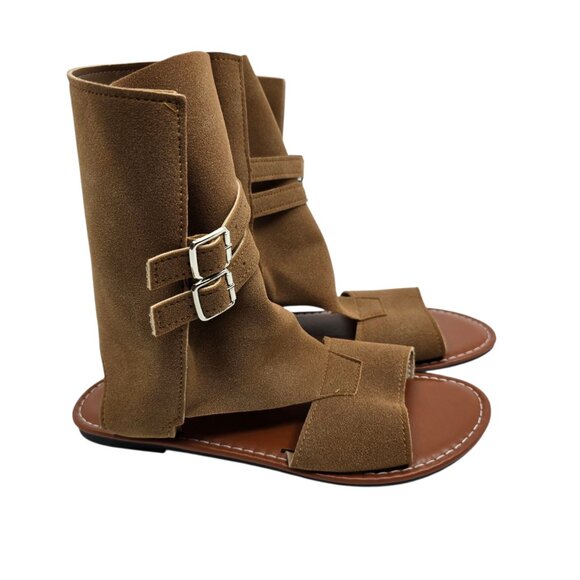 Women's Faux Suede Brown Cuff Mid-Calf Open Toe Slip-on Flat Sandals Size 8 (39) - Picture 5 of 6